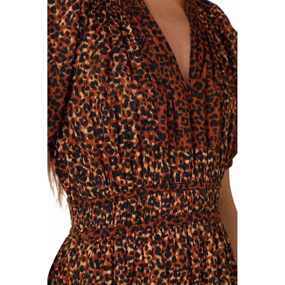 Ulla Johnson Leopard Print Mini Dress Brown V-Neck Puff Sleeve Smocked Waist 2 - Picture 4 of 15